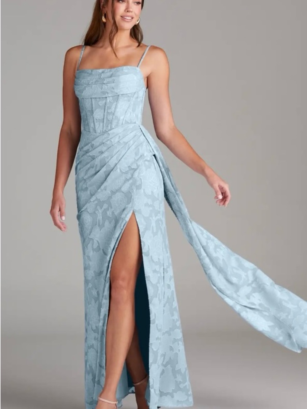 Azazie Denisa
Sky Blue Sheath Pleated Floral Burnout Dress. Worn once ceremony